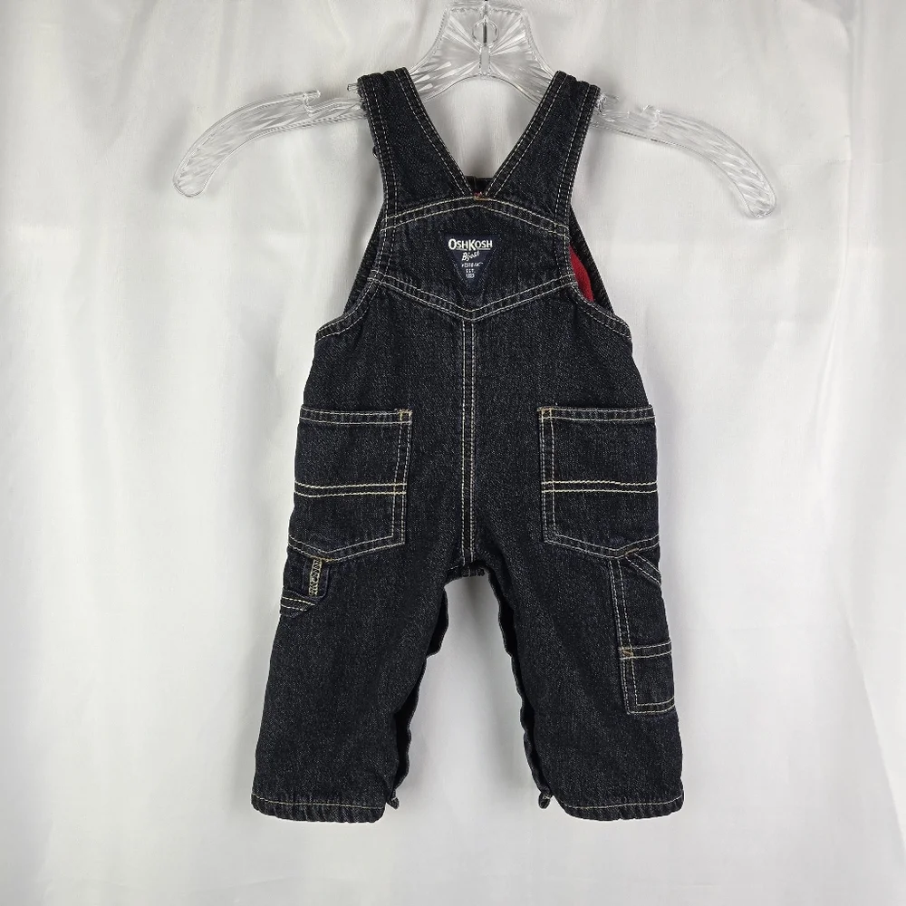 OshKosh B'gosh Fleece Lined Dark Wash Denim Jean Overalls Baby Boy Size 6 Months